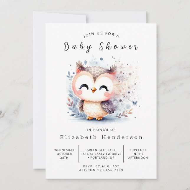 Invitation Baby shower de hibou personnalisé enchâssé (Devant)