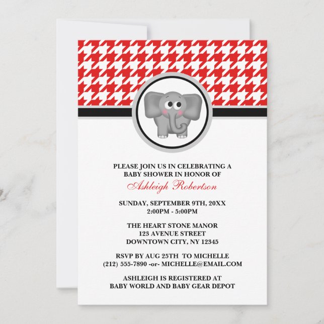 Invitation Baby shower de Houndstooth rouge et blanc éléphant (Devant)