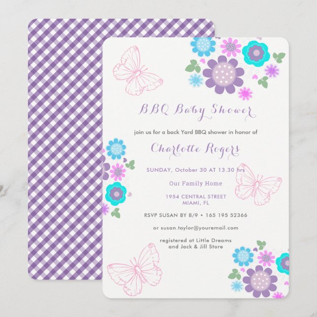Invitation Baby shower de Jardin BBQ Fleurs de Papillons Whim (Devant / Derrière)