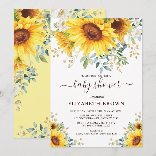 Invitation Baby shower de jardin du tournesol couleur Waterco (Devant / Derrière)