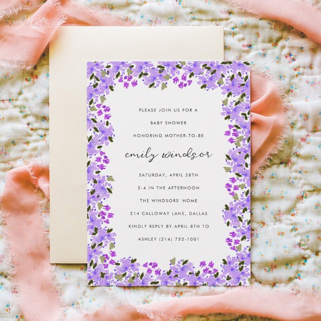 Invitation Baby shower de jardin fleuri à l'aquarelle violett (Créateur téléchargé)