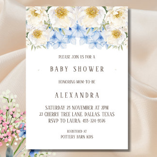 Invitation Baby shower de jardin Floral Blanc bleu Hydrangea
