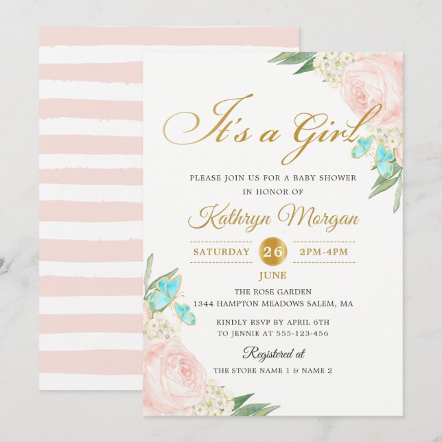 Invitation Baby shower de Jardin Rose Romantique à Brosse (Devant / Derrière)