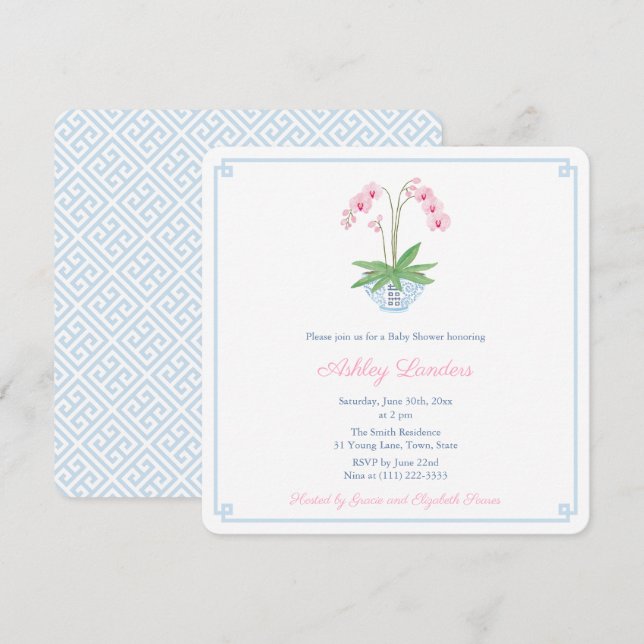 Invitation Baby shower de jarre à orchidée rose bleu Preppy (Devant / Derrière)