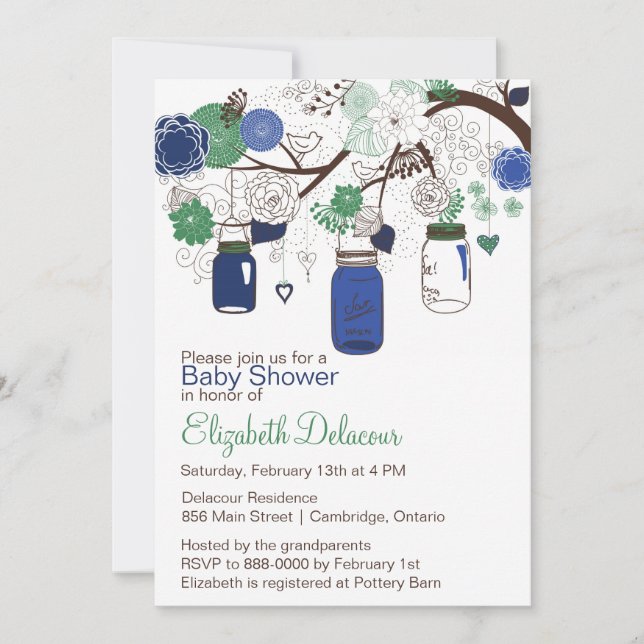 Invitation Baby shower de jarres Mason bleu et ver (Devant)