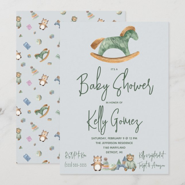 Invitation Baby shower de jouets Boho Neutres pour les Chevau (Devant / Derrière)