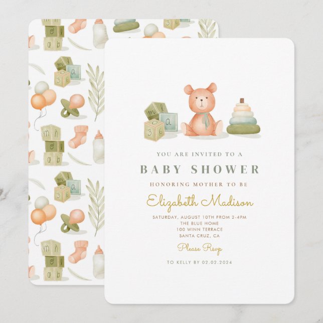 Invitation Baby shower de jouets pour bébé en aquarelle migno (Devant / Derrière)