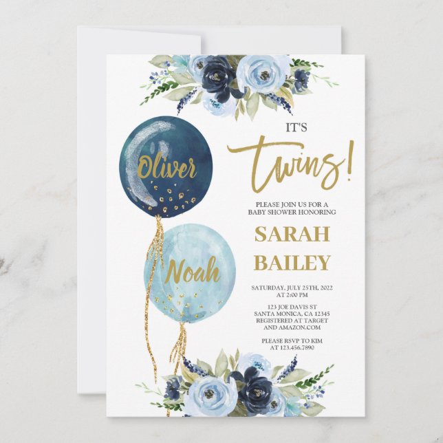 Invitation Baby shower de jumeaux Boys (Devant)