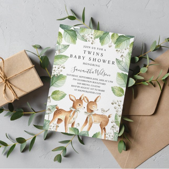 Invitation Baby shower de jumeaux de cerfs de bois neutres se (Créateur téléchargé)