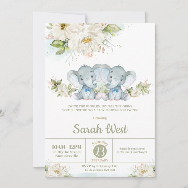 Invitation Baby shower de Jumeaux de verdure Elephant Twin Bo (Devant)
