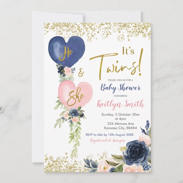Invitation Baby shower de jumeaux Marine & Blush B (Devant)