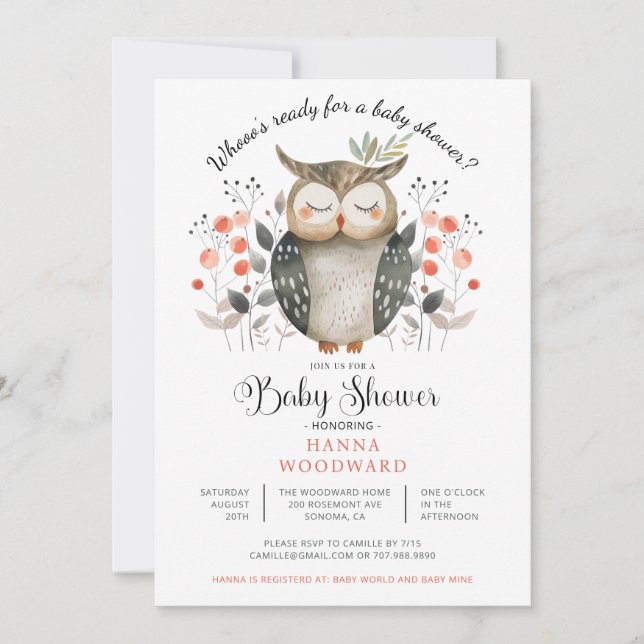 Invitation Baby shower de la Chouette animale forestière (Devant)