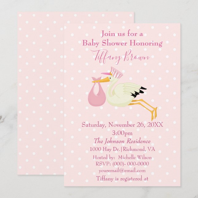 Invitation Baby shower de la cigogne à points rose et blanc (Devant / Derrière)
