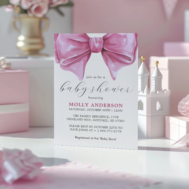 Invitation Baby shower de la corbeille rose (Girly Pink Watercolor Bow Baby Shower Invitation)