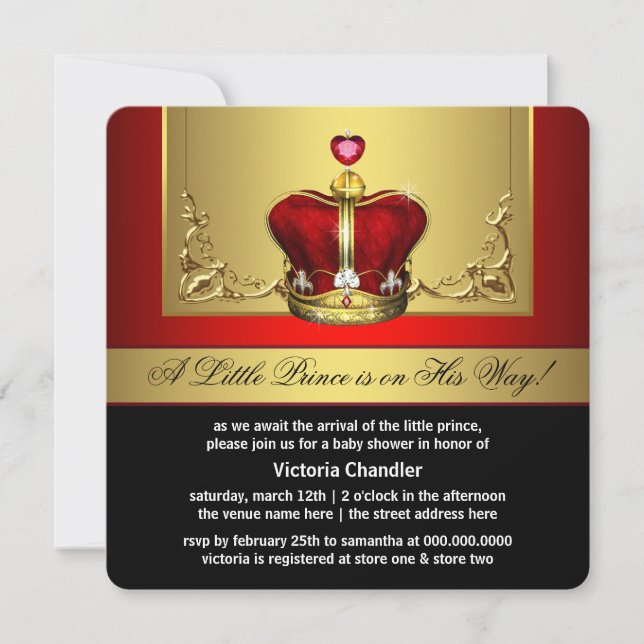 Invitation Baby shower de la couronne d'or rouge (Devant)