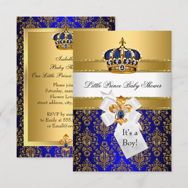 Invitation Baby shower de la Couronne Royal Blue Little Princ (Devant / Derrière)