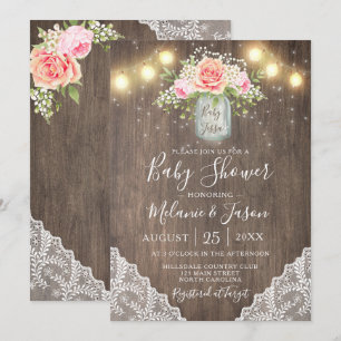 Invitation Baby shower de la dentelle Mason Jar aux fleurs ro