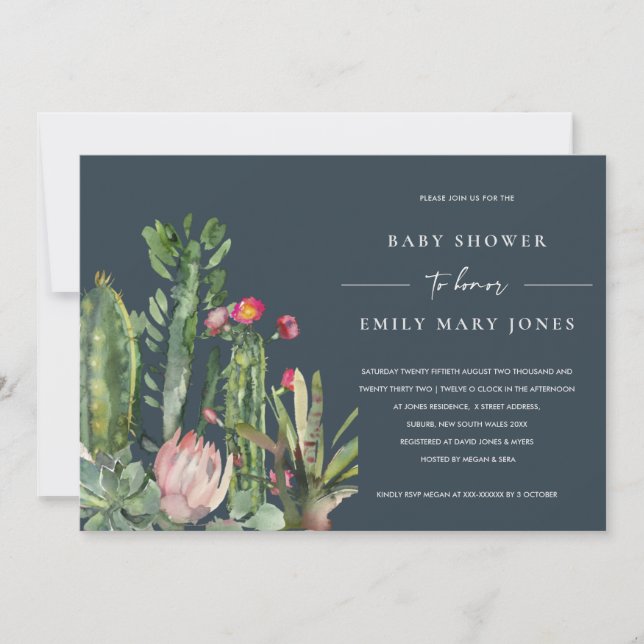 INVITATION BABY SHOWER DE LA FAUNE DE CACTI DE LA MARINE ROSE (Devant)
