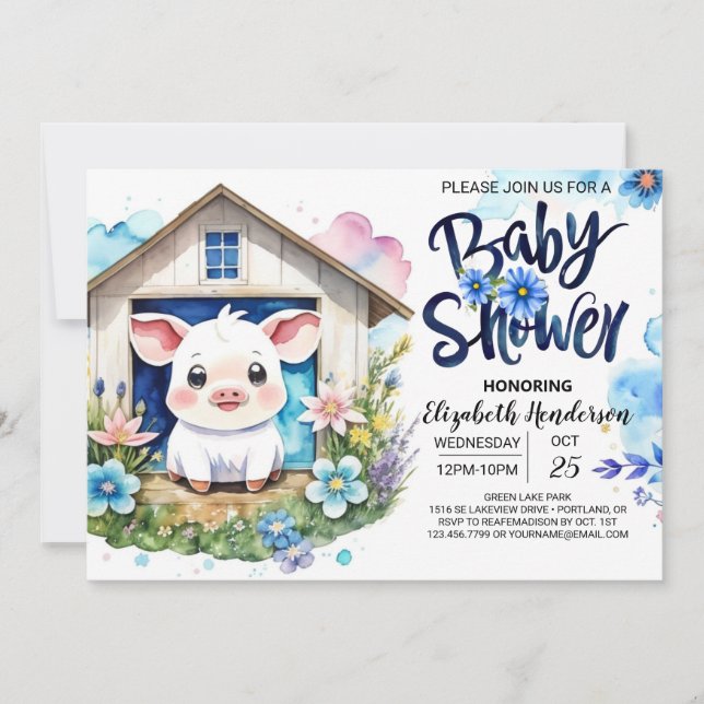Invitation Baby shower de la ferme de rêve en aquarelle bleue (Devant)