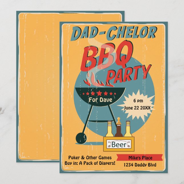 Invitation Baby shower de la fête du barbecue papa-Chelor (Devant / Derrière)