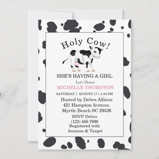 Invitation Baby shower de la fille à imprimer de la vache Sai (Devant)