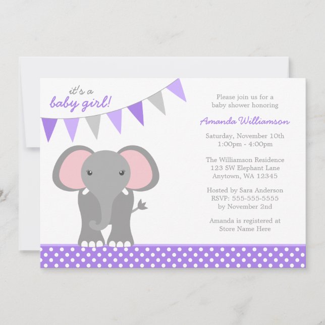 Invitation Baby shower de la fille à la bannière Polka pourpr (Devant)