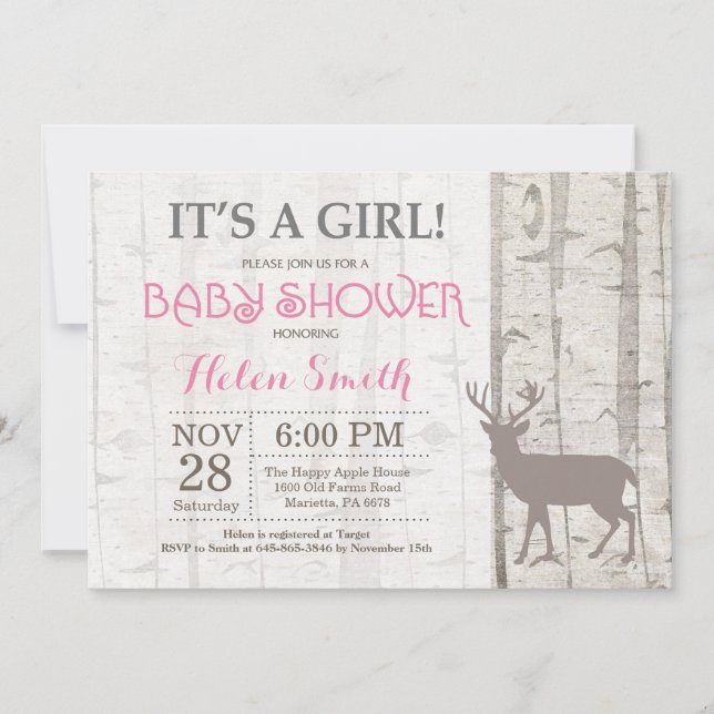 Invitation Baby shower de la fille cerf Bois rusti (Devant)