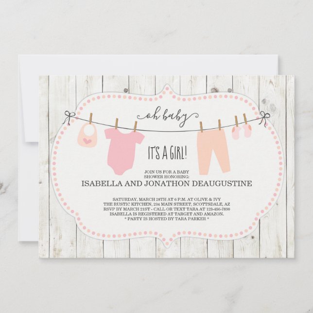 Invitation Baby shower de la fille | Clothèse rust (Devant)