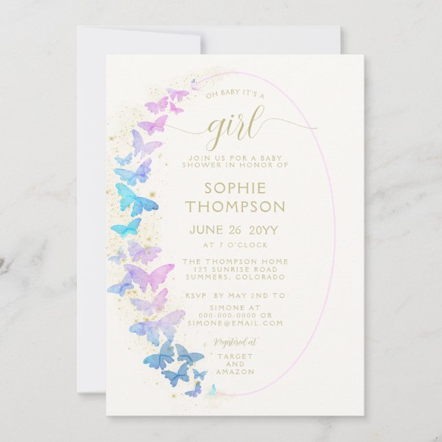 Invitation Baby shower de la fille de cadavre de papillon rou (Devant)
