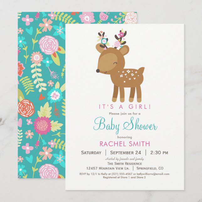 Invitation Baby shower de la fille de cerfs de Woo (Devant / Derrière)