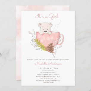 Invitation Baby shower de la fille de l'ours d'hiver rose