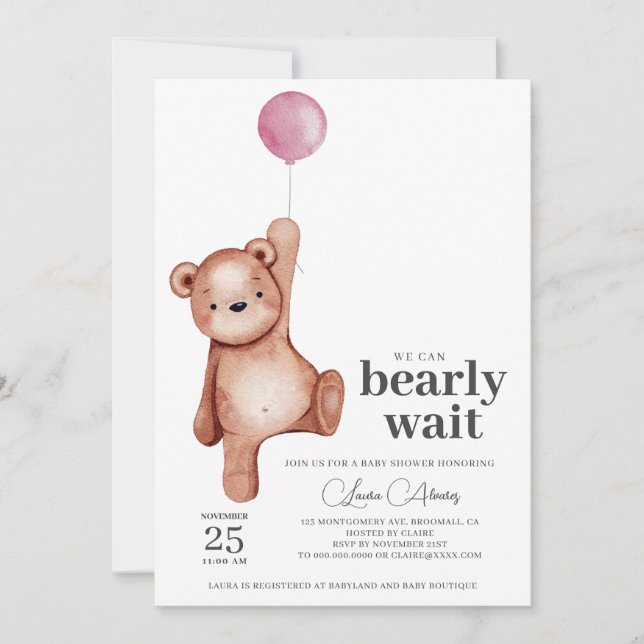 Invitation Baby shower de la fille de l'ours en pe (Devant)