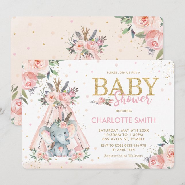 Invitation Baby shower de la fille des éléphants rose tribal (Devant / Derrière)