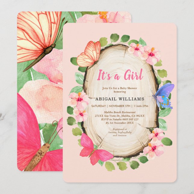 Invitation Baby shower de la fille du papillon du  (Devant / Derrière)