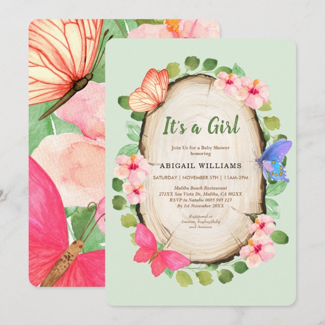 Invitation Baby shower de la fille du papillon du  (Devant / Derrière)