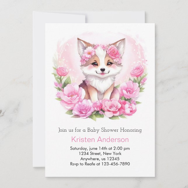 Invitation Baby shower de la fille magique du loup floral ros (Devant)