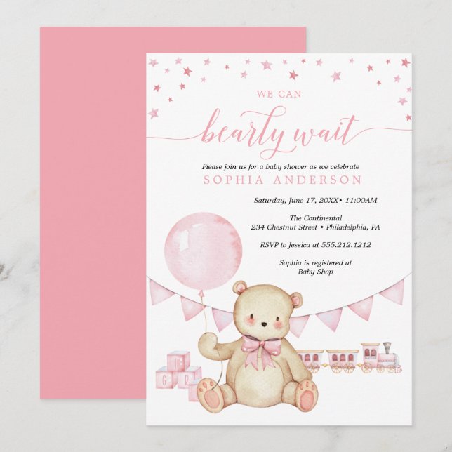 Invitation Baby shower de la fille ours en peluche (Devant / Derrière)