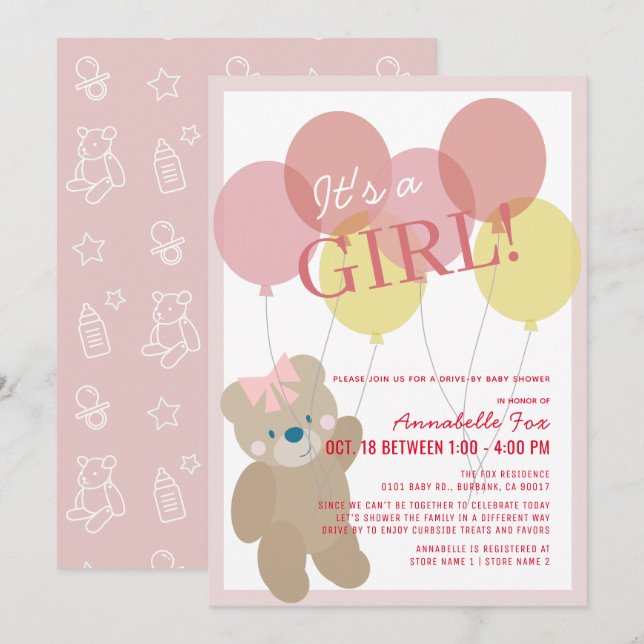 Invitation Baby shower de la fille rose de l'ours en peluche (Devant / Derrière)