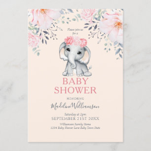 Invitation Baby shower de la fille rose florale de l'éléphant