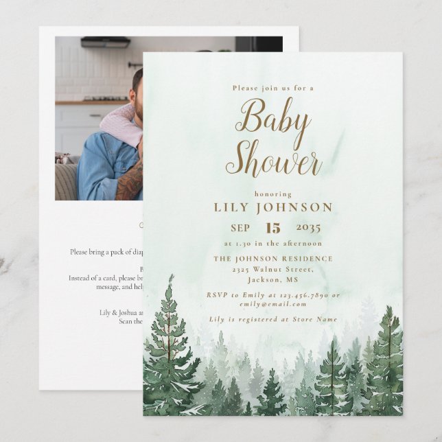 Invitation Baby shower de la forêt de pins tout en un Photo C (Devant / Derrière)