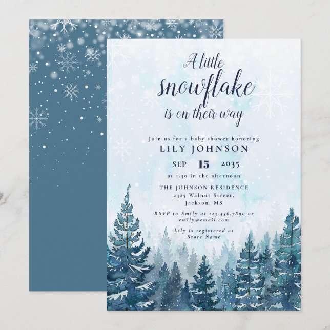Invitation Baby shower de la forêt d'hiver de Little Snowflak (Devant / Derrière)