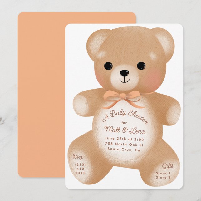 Invitation Baby shower de la fourche de teddy (Devant / Derrière)