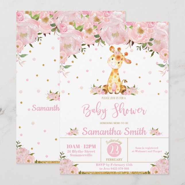 Invitation Baby shower de la Girafe à fleurs roses (Devant / Derrière)