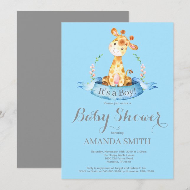 Invitation Baby shower de la Girafe Bleu et gris (Devant / Derrière)