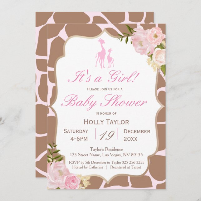 Invitation Baby shower de la Girafe rose (Devant / Derrière)