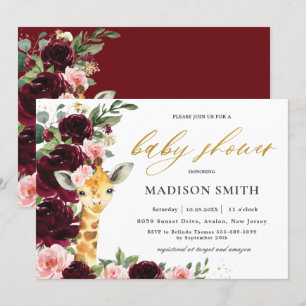 Invitation Baby shower de la Giraffe Florale Burgundy