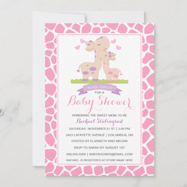 Invitation Baby shower de la Giraffe Jungle, petite fille ros (Devant)