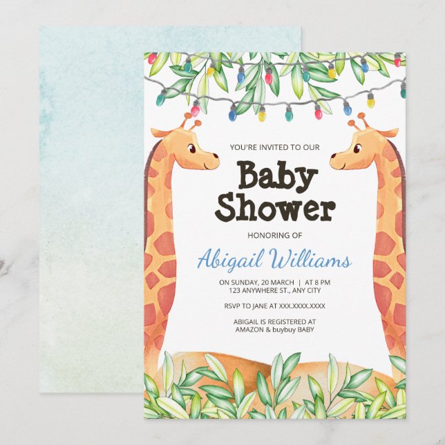 Invitation Baby shower de la Giraffe Safari (Devant / Derrière)