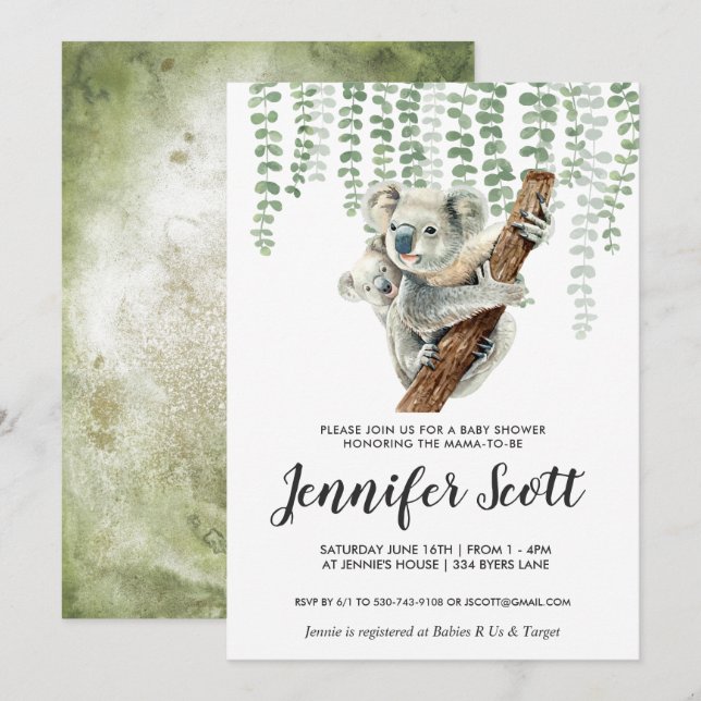 Invitation Baby shower de la Jungle de Koala (Devant / Derrière)