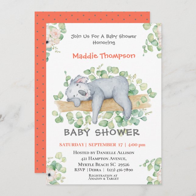 Invitation Baby shower de la Jungle de Koala (Devant / Derrière)